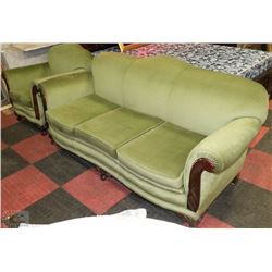 VINTAGE GREEN FABRIC SOFA AND CHAIR