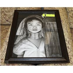 THAILAND PENCIL DRAWING FRAMED SIGNED 13"X16"