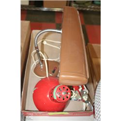 BOX WITH DESK MOUNT LAMP AND 1970'S FLUORESCENT
