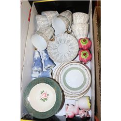VINTAGE TEA SET, DISHES, S&P, ORNAMENTS