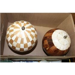 2 WOODEN SPINNING GLOBES, NEW FROM SHOWHOMES
