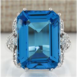 20.40CTW Natural Blue Topaz And Diamond Ring In 14K White Gold