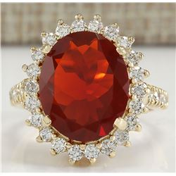 5.05CTW Natural Fire Opal And Diamond Ring 14K Solid Yellow Gold