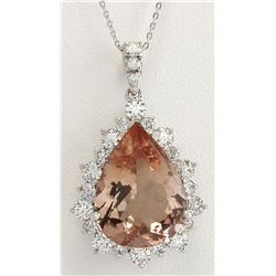 13.42CTW Natural Morganite And Diamond Pendant In 14K Solid White Gold