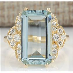 6.37CTW Natural Aquamarine And Diamond Ring In 14K Yellow Gold