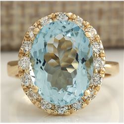 5.32CTW Natural Aquamarine And Diamond Ring 14K Solid Yellow Gold