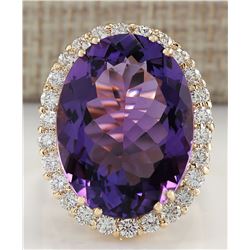 16.86CTW Natural Amethyst And Diamond Ring In 14K Yellow Gold