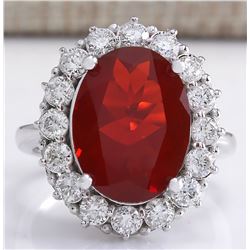 6.18CTW Natural Fire Opal And Diamond Ring 14K Solid White Gold