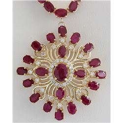 57.62CTW Natural Ruby And Diamond Necklace In 14K Yellow Gold