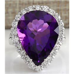 10.56CTW Natural Amethyst And Diamond Ring In 14K Solid White Gold