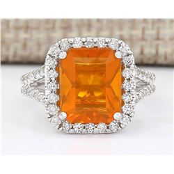 3.97 CTW Natural Mexican Fire Opal And Diamond Ring 14k Solid White Gold