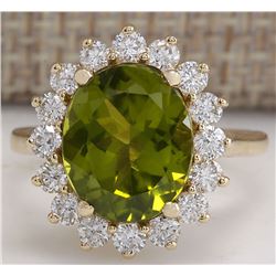 5.53CTW Natural Green Peridot And Diamond Ring 14K Solid Yellow Gold