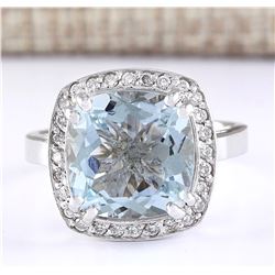 4.63 CTW Natural Aquamarine And Diamond Ring In 14k White Gold