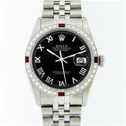 Rolex Stainless Steel Black Roman Diamond and Ruby DateJust Men's Watch