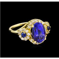 14KT Yellow Gold 4.01 ctw Tanzanite, Sapphire and Diamond Ring