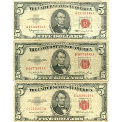 1963 $5 VG/XF Red Seal Note Lot of 3