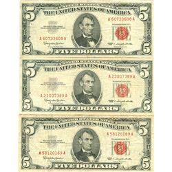 1963 $5 VG/XF Red Seal Note Lot of 3