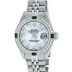 Rolex Stainless Steel MOP Diamond and Emerald DateJust Ladies Watch