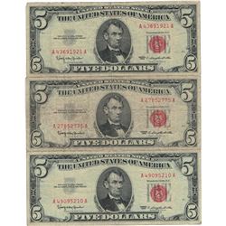 1963 $5 VG/XF Red Seal Note Lot of 3