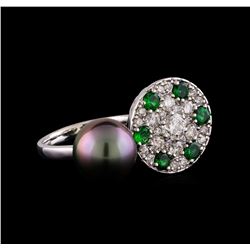 1.37 ctw Diamond, Tsavorite and Pearl Ring - 14KT White Gold