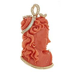 33.32 ctw Coral and Diamond Carved Portrait Pendant - 14KT Yellow Gold