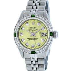 Rolex Stainless Steel Diamond and Emerald DateJust Ladies Watch