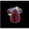 Image 2 : 14KT White Gold 13.09 ctw Ruby, Tanzanite and Diamond Ring