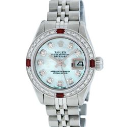 Rolex Stainless Steel Blue MOP Diamond and Ruby DateJust Ladies Watch