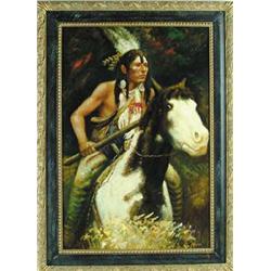 OIL ON CANVAS OF INDIAN ON HORSEBACK BY ROBERT DOMINGO