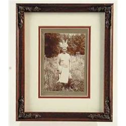 FRAMED CABINET CARD PHOTOGRAPH OF GERONIMO WEARING HEADDRESS AND BREECHCLOTH