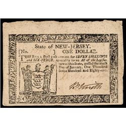 Colonial Currency, New Jersey. January 9, 1781. $1. Signed DAVID BREARLEY