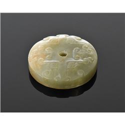 Chinese Finely Carved Green Jade Sword Pommel