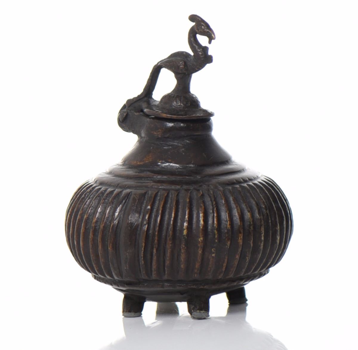 Mughal India Bronze Inkwell. A Peacock Sits On