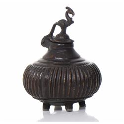 Mughal India Bronze Inkwell. A Peacock Sits On