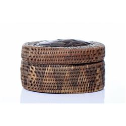 Indonesian Pine Needle Basket With Wood Carved