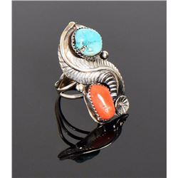 Navajo Turquoise And Red Coral Sterling Silver