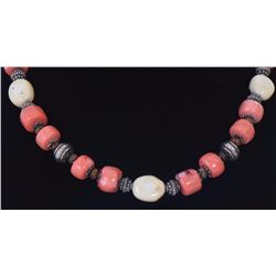 Coral Necklace With Silver And Amber Color Bea