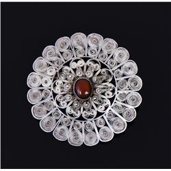 Oval Garnet Silver Filigree Brooch.  Estimated