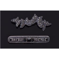 Two Antique Marcasite And Onyx 925 Sterling Si