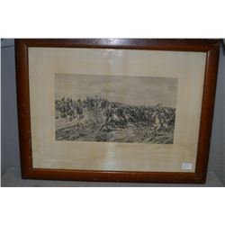 Antique Framed Black & White Print of Etching, " Circa 1888 Scene of Napolean on horse back, salutin