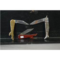 Bag Lot : Three Antique Folding "Leg Shaped with shoe" Knives [ one brass handled Nehi Drink 5 Cent 