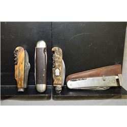 Bag Lot : Four Antique Folding Mulit Blades Knives: [ appears to be dark toned bone handle with PM e