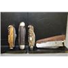 Image 1 : Bag Lot : Four Antique Folding Mulit Blades Knives: [ appears to be dark toned bone handle with PM e