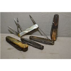 Bag Lot : Five Antique Multi Blade Knives : [ J.Clark & Son w/ Mother of Pearl handle - Two with app