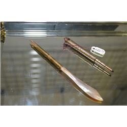 Bag Lot : Antique Gold Toned Pen with Abaloni shell letter opener blade - gold toned writing scribe 