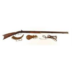 UNMARKED PERCUSSION HALF STOCK RIFLE W/FLASK AND HORN