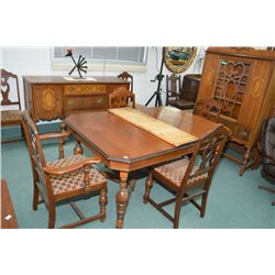 Refractory style nine piece walnut dining room suite including table with leaf, six chairs including