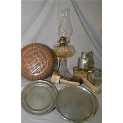 Tray lot of collectibles including pewter plates, flask and pitcher, colourless oil lamp, kitchen ut