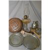 Image 1 : Tray lot of collectibles including pewter plates, flask and pitcher, colourless oil lamp, kitchen ut