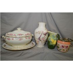 Selection of collectibles including an English lidded tureen with tray, floral motif biscuit barrel 